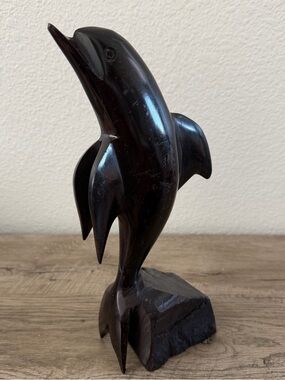 Mid Century Dolphin Ironwood Sculpture Hand Carved Dark Brown Nautical 11.5" Art